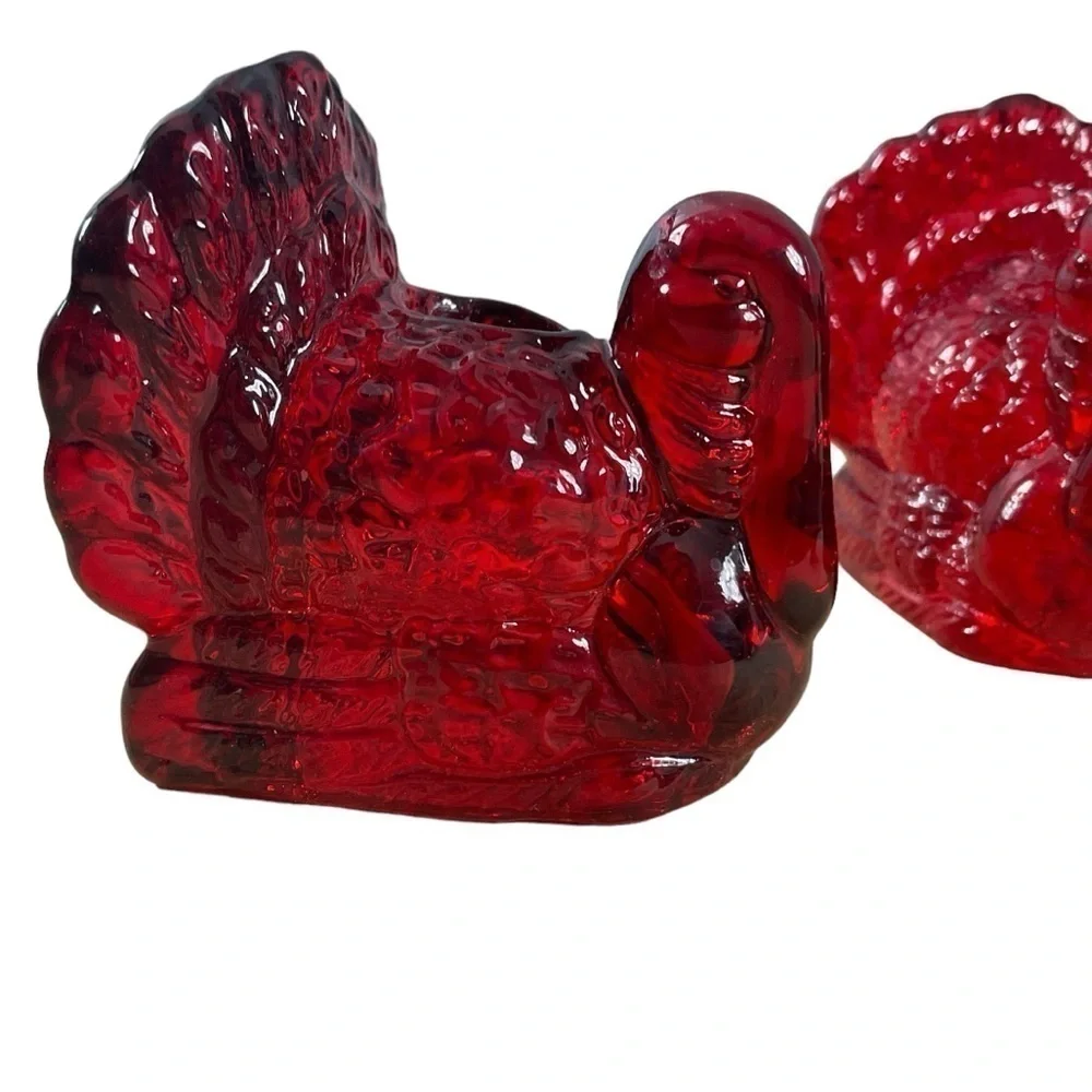 4 Williams-Sonoma Cranberry Turkeys Tapers Candles Holder Cranberry Amberina